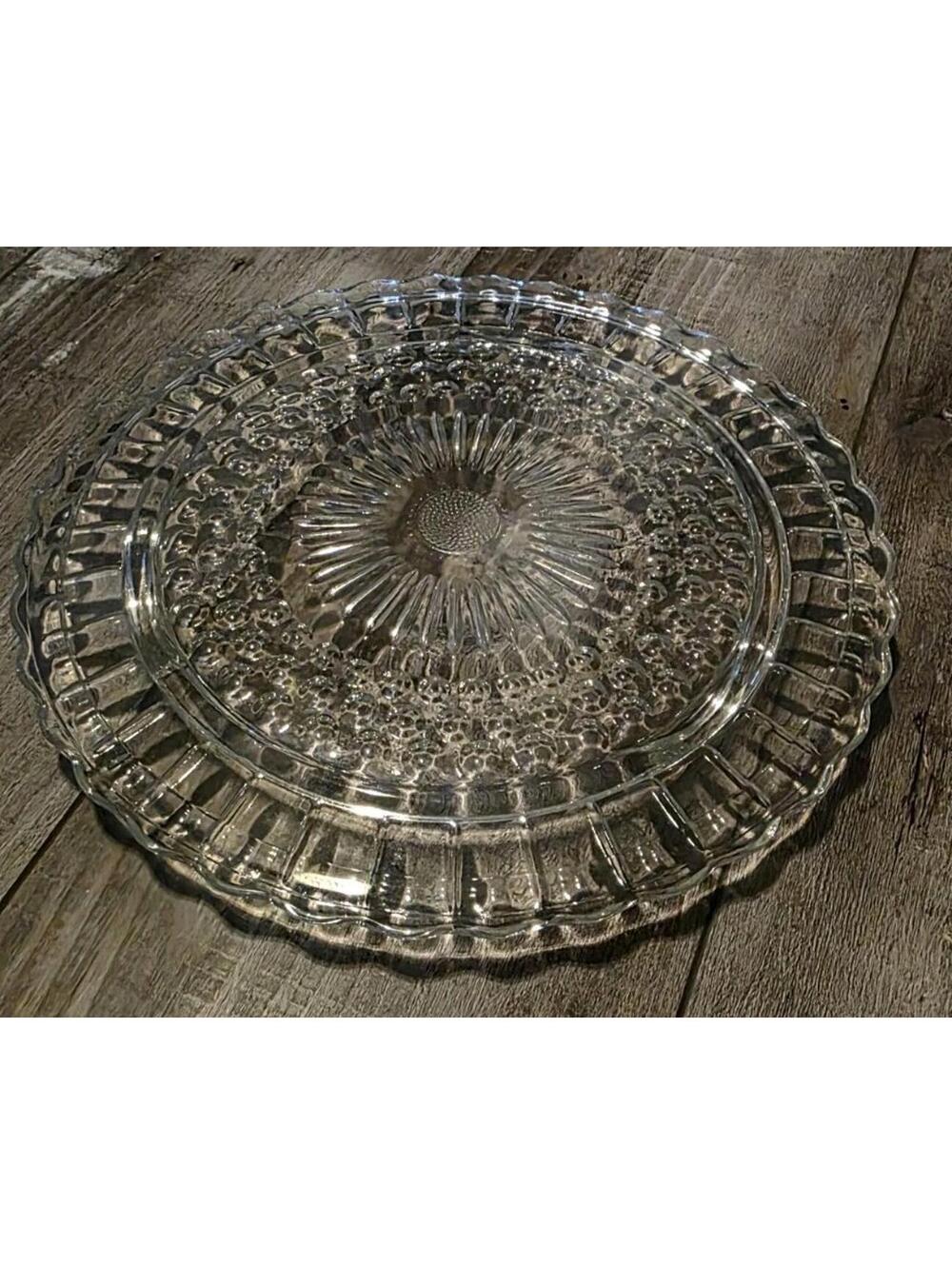 Vintage Federal Glass Sunflower Bubble 3-Footed Clear Glass Cake Plate 11" 1950s